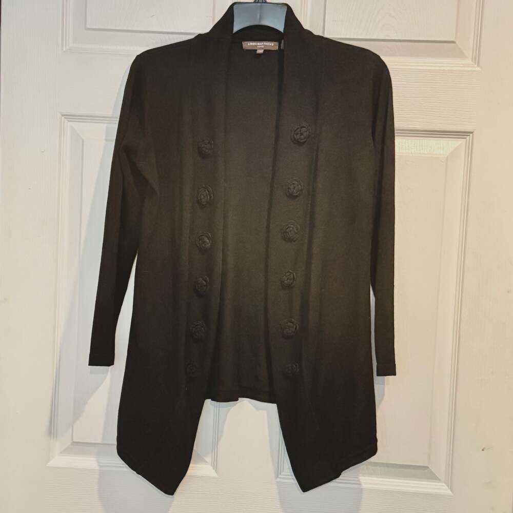 Petite Black Long Sleeve Open Front Cardigan with Floral Detail Buttons